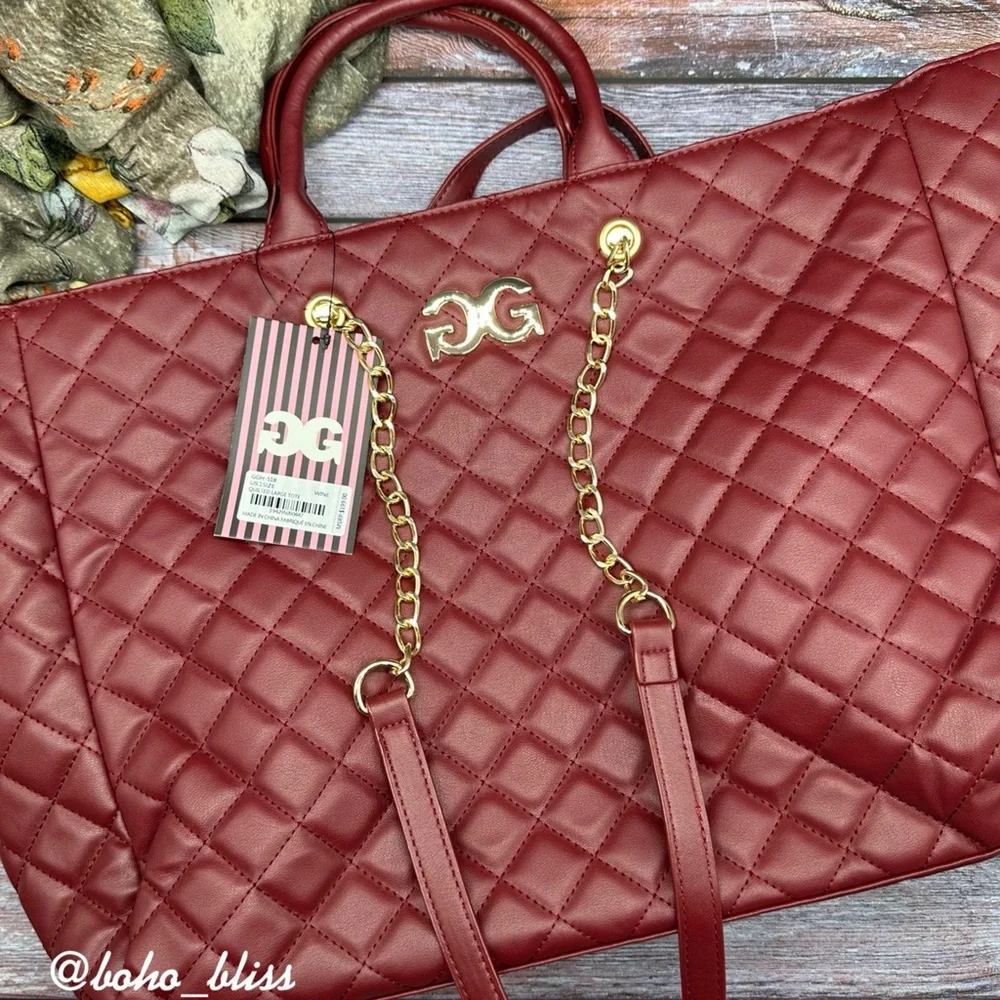 GILDA PARIS | Quilted Tote Large Tote Bag Wine Red with Gold Hardware NWT